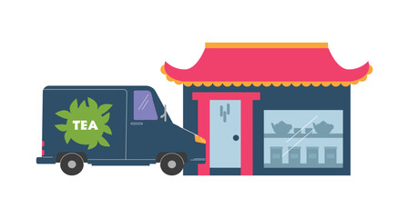 Obraz premium Car with tea sign brought goods to store flat style