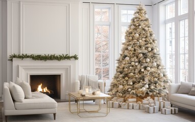 Fototapeta na wymiar White modern living room with decorated Christmas tree and sofa during holiday times 