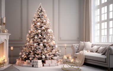 White modern living room with decorated Christmas tree and sofa during holiday times 