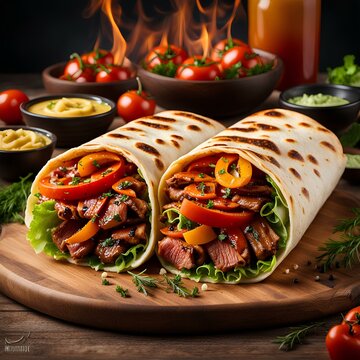 image of shawarmas, showcasing a blend of roasted meats, vegetables, and flavorful sauces wrapped in flatbread