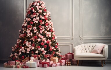 Pink and grey modern living room with rose decorated Christmas tree and sofa during holiday times