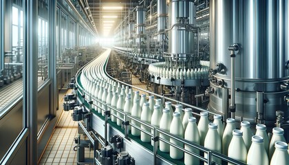 Glass milk bottle on industrial conveyor belt  - obrazy, fototapety, plakaty