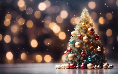 The festive glow of a blurred Christmas tree, its ornaments and lights creating a joyful atmosphere against a simple and serene backdrop
