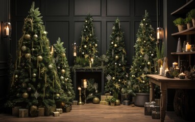 Decorated Christmas trees on a black room