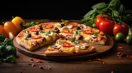 background delicious pizza food mouthwatering illustration cheese crust, toppings pepperoni, dough...
