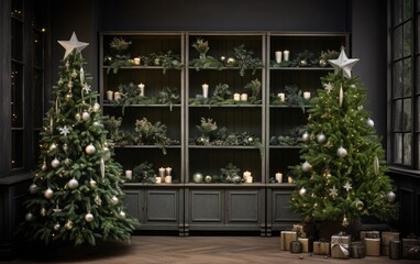 Decorated Christmas trees on a black room
