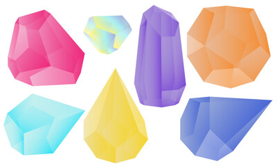 A set of vector illustrations of a collection of crystal multicolored gems. Broken transparent shapes of crystals, jewelry stones are isolated on a white background. Easy transparency