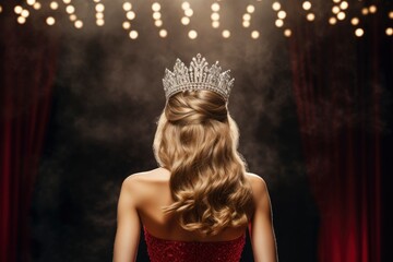 Beauty queen on the stage of a beauty pageant wearing a crown. Beauty queen wearing a tiara photo seen from behind