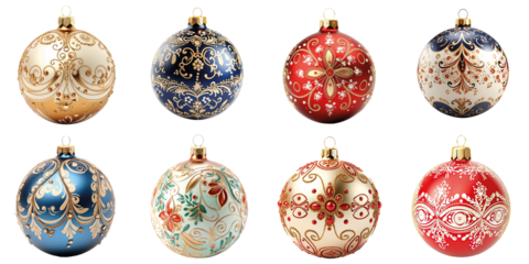 Set of 8 Christmas Baubles, Festive Ornamental Xmas Balls Isolated on Transparent Background