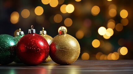 Colorful christmas balls on bokeh background with copy space
