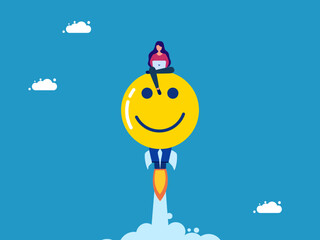 Working on laptop, thinking positively. woman working happily on rocket. Vector