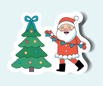 Santa of set in sticker design. A playful and colorful sticker-style depict of Santa Claus and his cheerful, festive demeanor. Vector illustration.