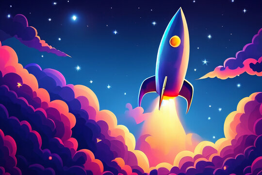 the rocket is flying. drawing of a rocket, colorful clouds and starry night sky. space concept