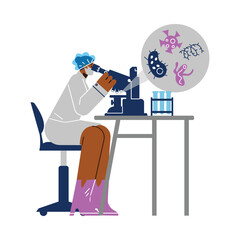 Female scientist virologist working with microscope, vector on white