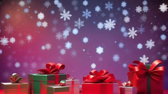 Merry Christmas with gift boxes red background with snowflakes falling down created with generative ai