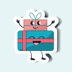 Gifts of sticker set in cartoon design. This whimsical colorful sticker feature an endearing Christmas gift characters. Vector illustration.