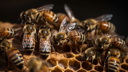 Macro shot of bees diligently working on honeycombs with honey, showcasing the intricate beauty of nature's pollination process.