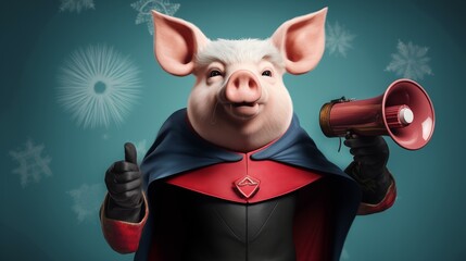 Ridiculous boss screaming, pig or pork shouting into a megaphone, giving orders, enjoying being the leader or the manager, dictator or person with a savior complex, funny comic cartoon illustration