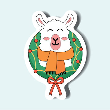 Lama of set in sticker design. This delightful colorful sticker style, featuring an endearing Christmas llama character full of holiday joy. Vector illustration.