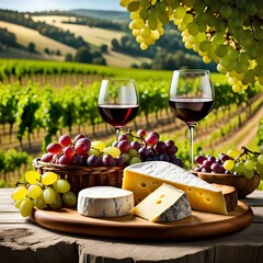 the scenic vineyards of france a delightful cheese platter showcases an array of local cheese, wine...