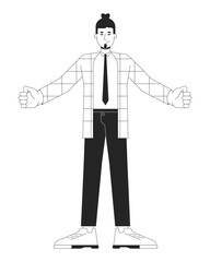Caucasian adult employee standing with open arms black and white 2D line cartoon character. Suit man welcome gesture isolated vector outline person. Arms wide monochromatic flat spot illustration