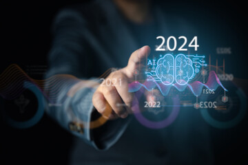 Digital Strategies Unleashed Businessman's Hand on Virtual Screen Displays Data Analysis for 2024 Implementation