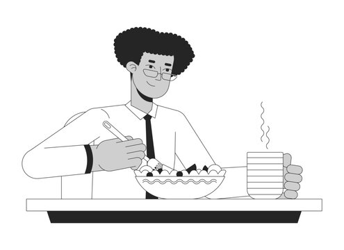 Hispanic white collar worker eating salad black and white 2D line cartoon character. Eyeglasses latino man on lunch isolated vector outline person. Vegan employee monochromatic flat spot illustration