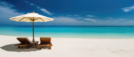 Beach chair and umbrella on tropical sand beach with turquoise water.