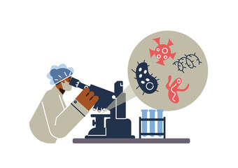 Virologist watch in microscope and research viruses and bacteria.