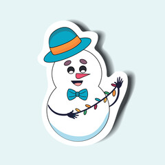 Snowman of the sticker set in cartoon design. Presenting of the merry and bright feeling with this delightful Christmas snowman character sticker, adding a pop of color. Vector illustration.