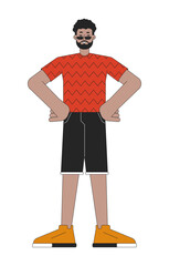Black bearded sunglasses man power posing 2D linear cartoon character. Beard african american male isolated line vector person white background. Confident hands on hips color flat spot illustration