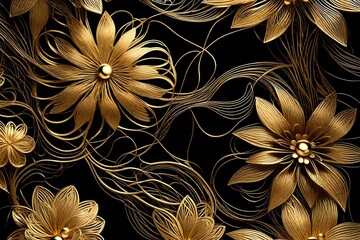 Indulge in the luxurious allure of a decorative design featuring filigree gold wire flowers set against a sleek black background. 