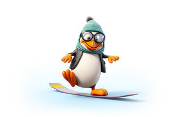Cute 3d penguin on snowboard
