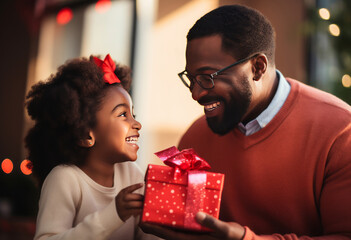 Happy father holding red gift box for small daughter for Christmas - obrazy, fototapety, plakaty