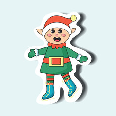 Christmas elf of the sticker set in cartoon design. Showcasing of the holiday cheer with the help of cute Christmas elf character sticker, designed in a whimsical style. Vector illustration.