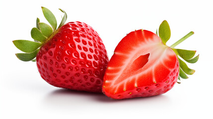 Two strawberries isolated on white background, one is cut in half
