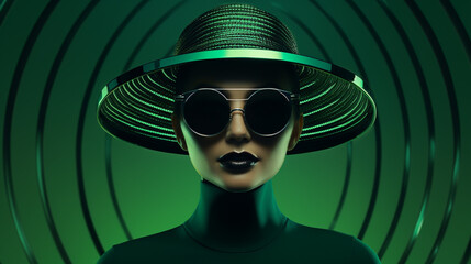 Portrait de femme à la mode fun futuriste aux lunettes de soleil et chapeau vert
