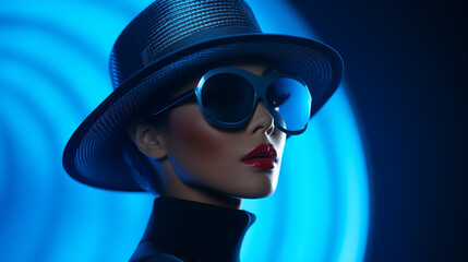 Portrait de femme fun futuriste aux lunettes de soleil et chapeau - obrazy, fototapety, plakaty