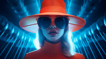 Portrait de femme fun futuriste aux lunettes de soleil et chapeau orange - obrazy, fototapety, plakaty