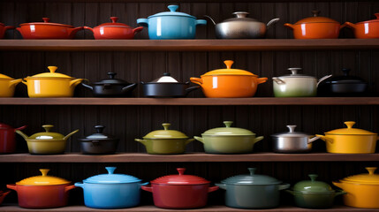 Assorted colorful Kitchen Pots on Shelves