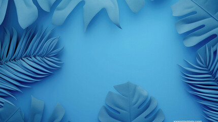 Tropical leaves on blue background,  . Computer digital drawing.