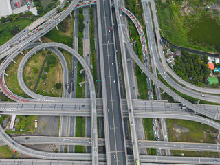 Aerial view city junction road with vehicle movement