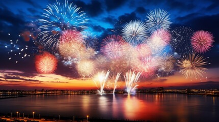 Firework explosions over river and city in evening for new year celebration