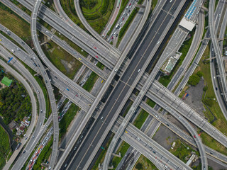 Aerial view city junction road with vehicle movement