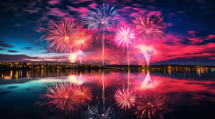 Fototapeta na wymiar Fireworks over river in evening with beautiful colors for celebration