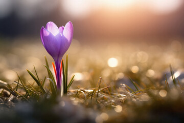 Beautiful purple crocus flower in sunlight. First spring flowers.