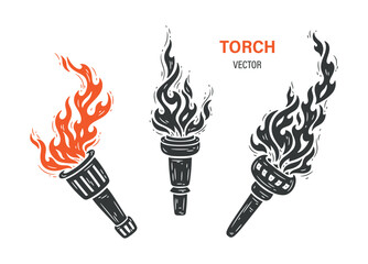 Torch silhouette icon Vector set. Flaming torch logo. Fire Flame sign. - obrazy, fototapety, plakaty