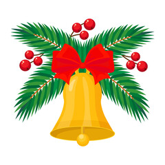 Christmas bell with red ribbon and  Christmas tree branches. Color vector illustration in flat style. Isolated on white background.