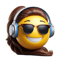 Smiling face wearing headphones. Smiling cartoon without background. 3D rendering of left view