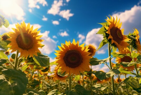 sunflower garden with beautiful blue sky. generative ai